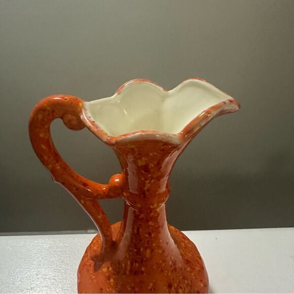 Vintage 1974 Handmade Ceramic Vase w/Handle Orange w/Yellow Red Specks 12” tall - Picture 3 of 9